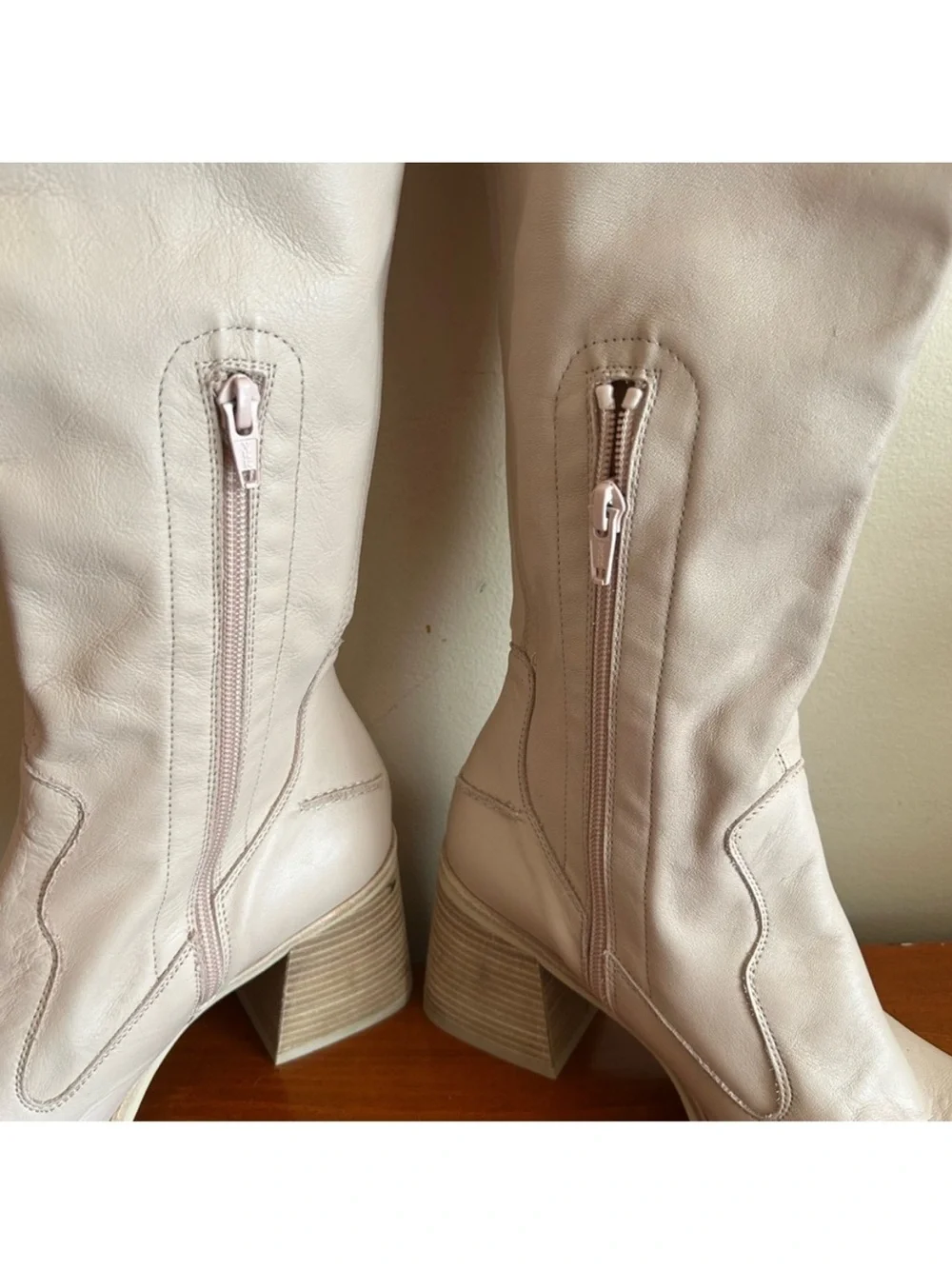 Free People Ivory Cream Leather Knee High Block Heel Boots EU 39.5 US 8.5